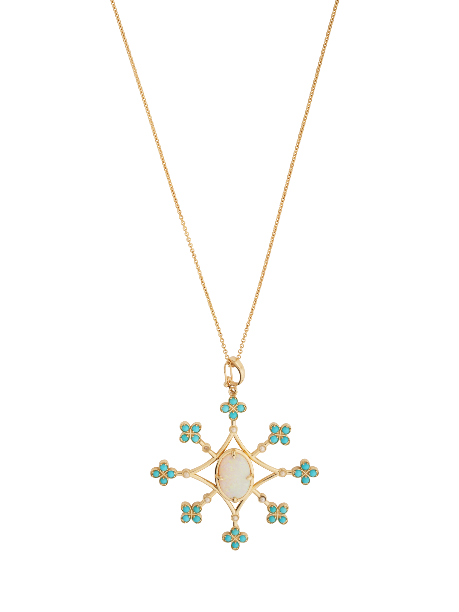 One-of-a-Kind Opal pendant necklace with seed pearls and sleeping beauty turquoise