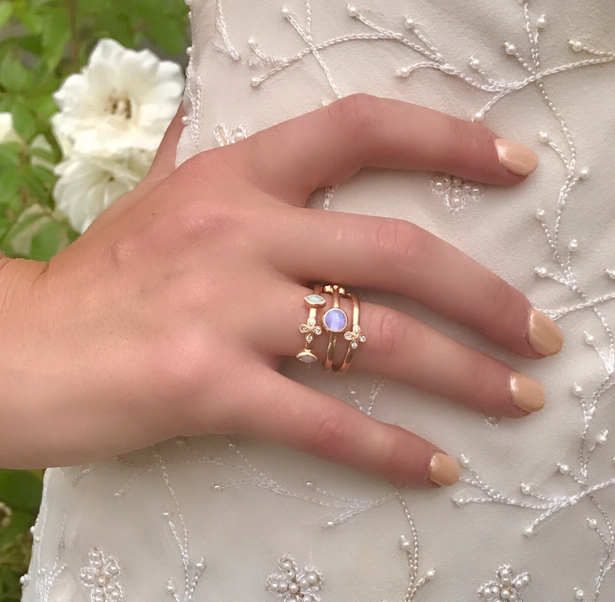 Opal Stacking Ring with Diamond flower set in 18k Rose Gold