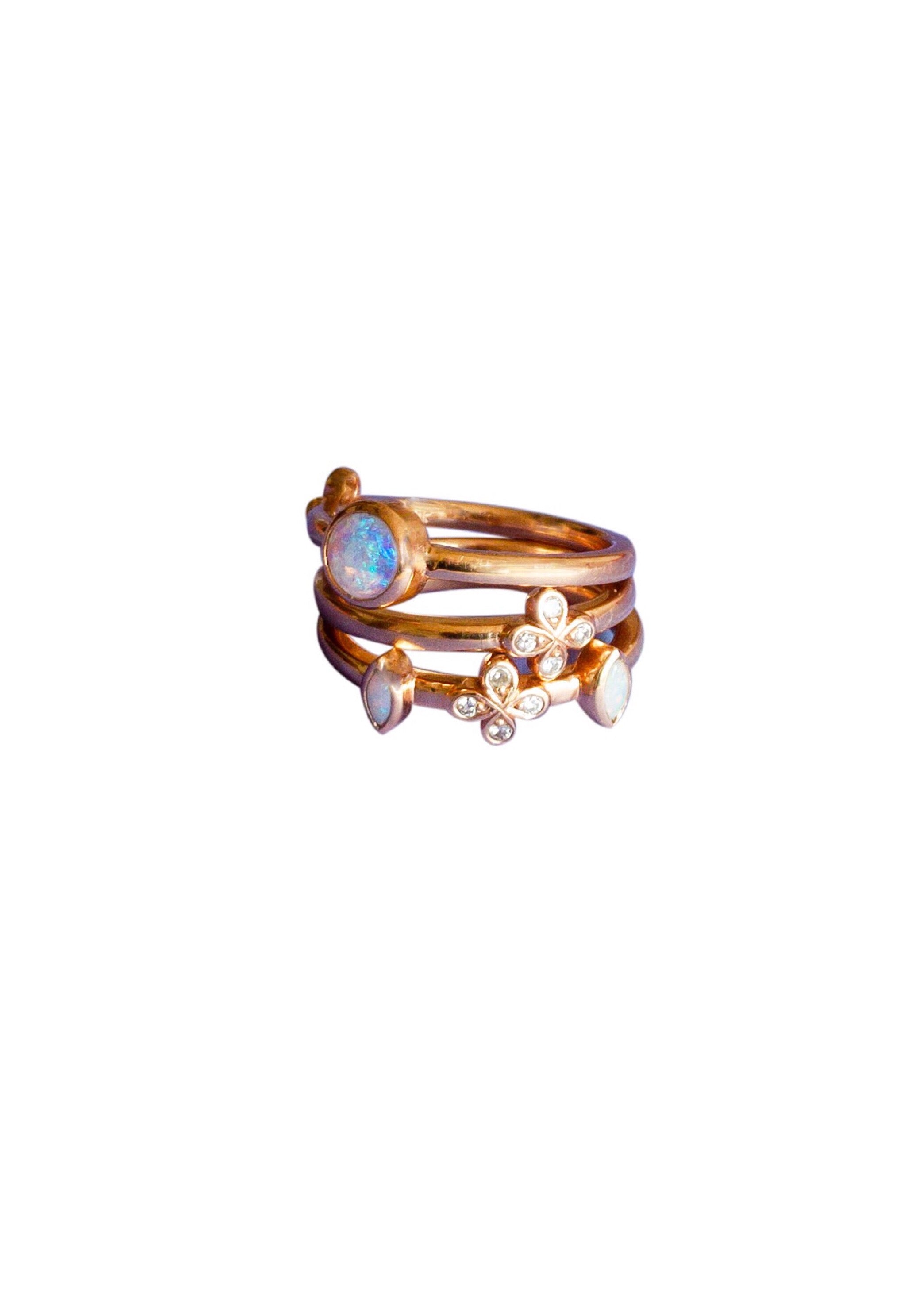 Opal Stacking Ring with Diamond flower set in 18k Rose Gold