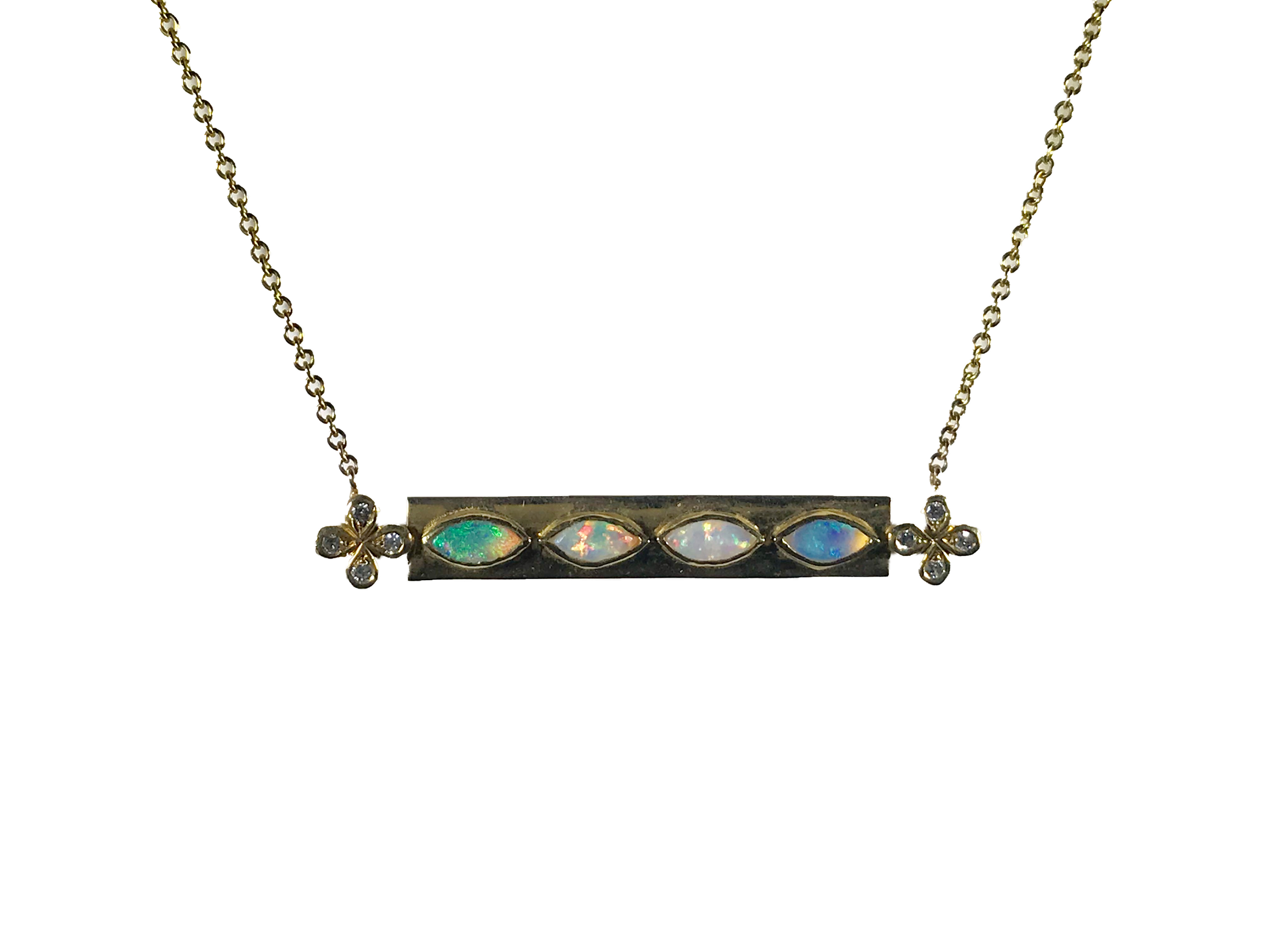 Opal and Diamond Bar Necklace with Diamond accents set in 18k Gold