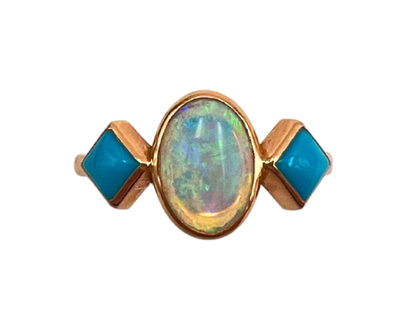 Opal Stacking Ring with Diamond flower set in 18k Rose Gold