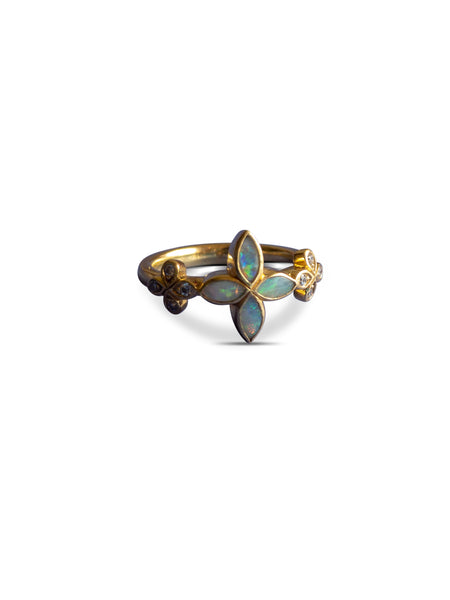 Bright green Australian Opal stacking ring with 1 Oli and Tess diamond flower