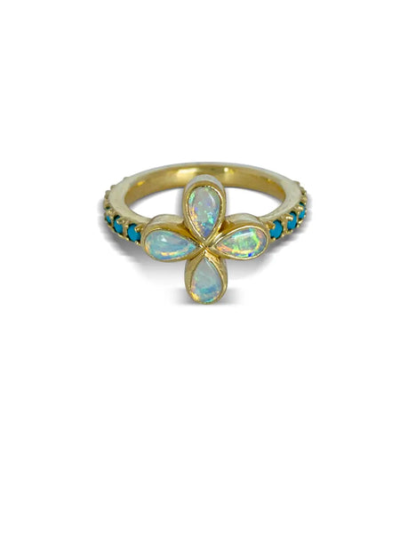 Opal Stacking Ring with Diamond flower set in 18k Rose Gold