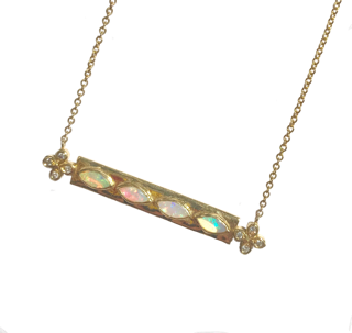 Opal and Diamond Bar Necklace with Diamond accents set in 18k Gold