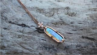 SOLD.              3.12 Australian Opal set in 18k rose gold with 1 diamond Oli and Tess flower ONE OF A KIND