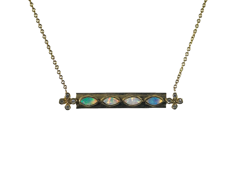 Opal and Diamond Bar Necklace with Diamond accents set in 18k Gold