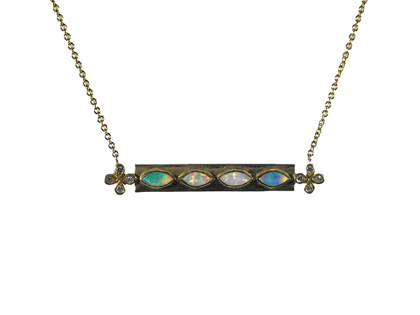 Opal and Diamond Bar Necklace with Diamond accents set in 18k Gold